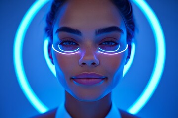 Wall Mural - Close up of a woman with glowing neon glasses in blue lighting symbolizing futuristic design individuality and the bold expression of digital identity