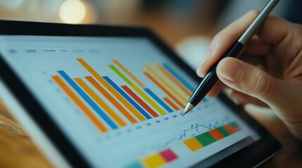 Poster - close-up of a tablet displaying a multicolored bar graph, with a stylus pen in hand