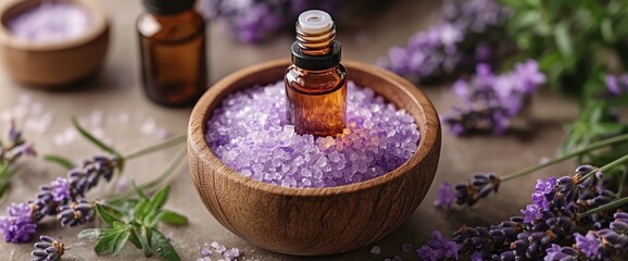 A wooden bowl filled with lavender salt and essential oil, surrounded by lavender sprigs.