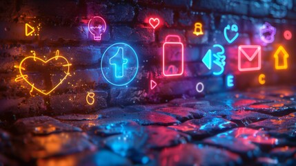 Wall Mural - Develop a collection of neon social media symbols, featuring shining