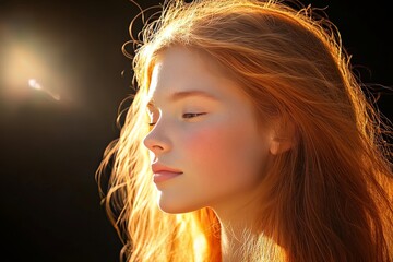 Poster - Young woman illuminated by warm sunlight symbolizing self reflection inner peace and the harmony between human emotion and the natural world