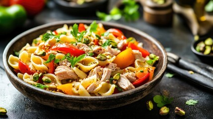 Wall Mural - A gourmet-style warm tuna pasta salad with roasted peppers and pistachio nuts, plated on a rustic dish, showcasing bright colors and healthy ingredients.