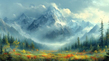 Aufkleber - A mountain range with a forest in the foreground