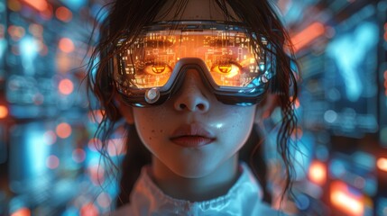 Poster - generate an educational illustration showcasing the use of vr goggles, ai animations, and spinning h