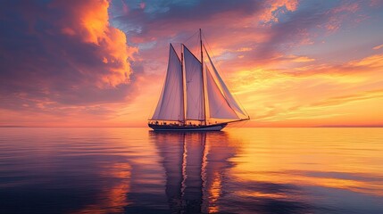 Wall Mural - A majestic big sailboat glides peacefully across the calm sea at sunset, with the sky painted in vibrant shades of orange and pink. The sails billow in the evening breeze.