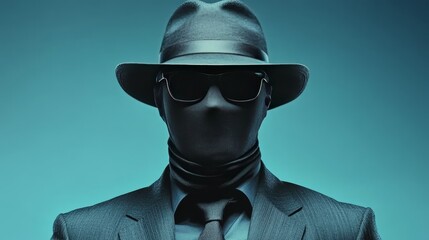 Poster - A man in a suit and hat is wearing sunglasses and a mask