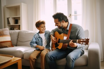 Canvas Print - Dad teaching son play guitar musician adult togetherness.