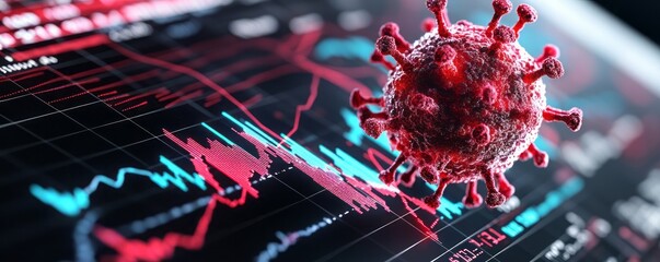 Visual representation of a virus overlaid on financial data, symbolizing the impact of pandemics on global markets and economies.