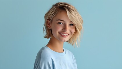 Wall Mural - Confident Gen Z Blonde Woman Smiling at Camera Against a Light Blue Background