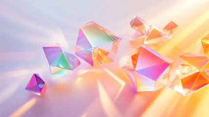 A color prism concept with soft, floating prisms refracting light into rainbow gradients of orange, purple, and green, set against a smooth, white background.