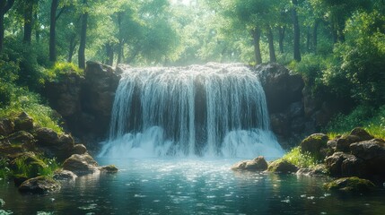 Poster - A waterfall is flowing into a pond in a lush green forest