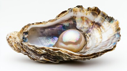 A single, lustrous natural pearl nestled inside an open oyster shell, close-up shot on a white background. The mother-of-pearl shines with iridescent colors.