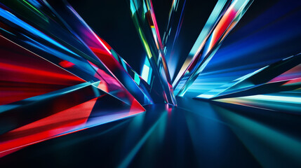 Poster - A dynamic color prism concept backdrop featuring angular prisms refracting light into vibrant hues, creating streaks of blue, red, and green across a sleek black background.