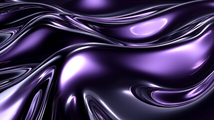 A futuristic 3D wave pattern in metallic silver and purple, with fluid, undulating shapes casting intricate shadows and reflecting light across a dark background.