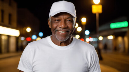 Senior black man wearing white t-shirt and white baseball cap standing on the street at night