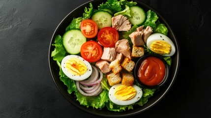 A vibrant bowl of green cos lettuce salad with tuna, boiled eggs, sliced tomatoes, onions, and croutons, paired with a side of dipping sauce, isolated on a sleek black background.