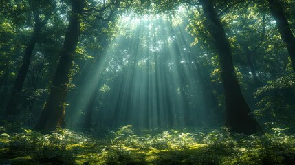 Poster - A forest with sunlight shining through the trees