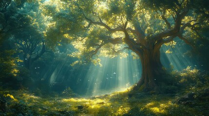 Poster - A tree is in the foreground of a forest