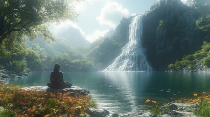 Wall Mural - A person is sitting on a rock by a lake, surrounded by mountains