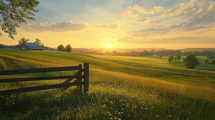 Poster - Peaceful Pastures of a Kentucky Horse Farm at Sunset