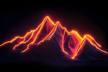 Neon outlines mountain range at sunrise isotated on black background.