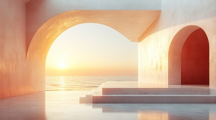 Poster - A large archway with a view of the ocean and a sunset