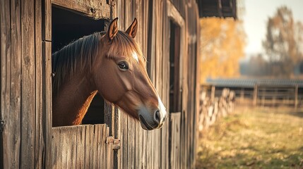 Poster - A horse looking out from a rustic wooden barn on a sunny day in the countryside