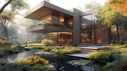 Aufkleber - A large house with a large garden and a pond in front of it
