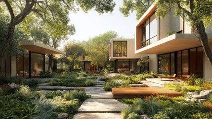 Aufkleber - A large, modern house with a large yard and a walkway