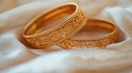 Close-up of a pair of Indian gold bangles with delicate filigree work and traditional patterns, placed on a soft fabric to emphasize their luxurious appeal