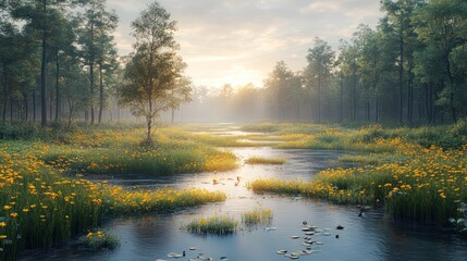 Poster - A serene forest scene with a river running through it