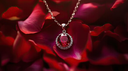 Close-up of a ruby pendant necklace resting on a bed of fresh flower petals, with soft lighting creating a romantic and luxurious atmosphere