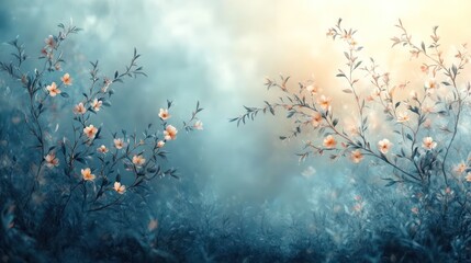 Wall Mural - A blue sky with a few flowers in the foreground