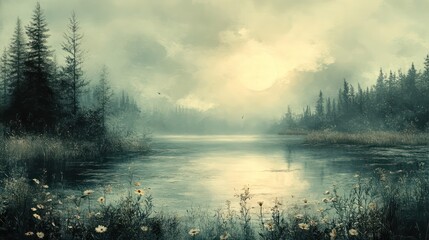 Poster - A painting of a lake with a sun in the sky