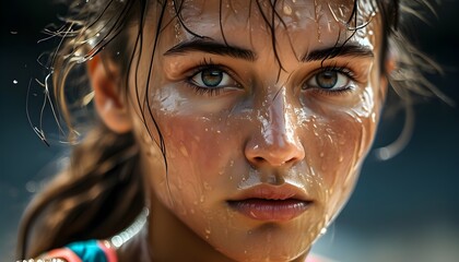 Wall Mural - Intense Focus of a Female Athlete Captured in Extreme Close-Up with Sweat and Determination