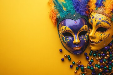 Two glittering Mardi Gras masks, one purple and one yellow, with feathers and beads, placed on a yellow background, symbolizing festivity and carnival spirit.