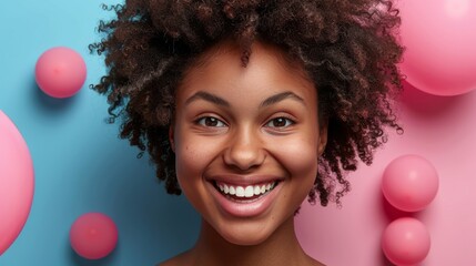 Poster - With a playful touch, the packaging features a delightful young woman pointing towards it with a joyful smile against a