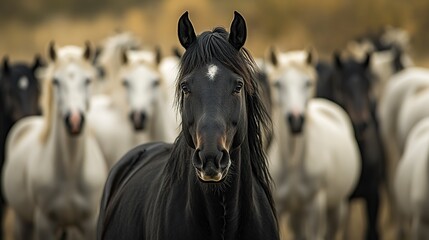 Canvas Print - Dramatic and moody close up portrait of a powerful black horse with an intense gaze and flared nostrils standing amid a herd of calm serene white horses in a rustic outdoor setting 