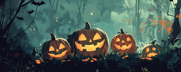 Wall Mural - Halloween pumpkins glowing in a spooky forest at night