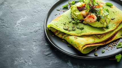 Colorful green crepes filled with crab meat, avocado mousse, and hollandaise sauce, garnished with microgreens and pumpkin seeds on a gray concrete background. A gourmet fine dining snack.