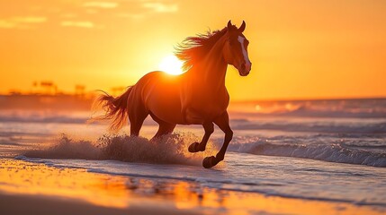 Poster - A horse runs along the beach at sunset, kicking up sand and water 