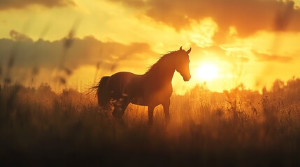 Wall Mural - Mystical dreamy image of a horse in the countryside at sunset. 