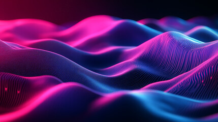 A vibrant 3D wave design in neon pink and blue, rippling across a dark background with sharp contrasts and smooth, flowing shapes that create a dynamic and energetic composition.