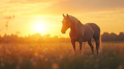 Poster - Mystical dreamy image of a horse in the countryside at sunset.