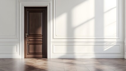 Wall Mural - An elegant brown wooden door set against pure white walls in a minimalist interior with hardwood flooring, highlighted by soft ambient lighting and architectural details.