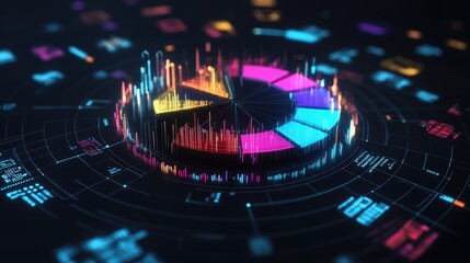 Fototapete - Exploded 3D pie chart with each segment hovering separately, surrounded by digital data icons