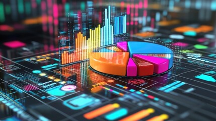 Fototapete - Exploded 3D pie chart with each segment hovering separately, surrounded by digital data icons
