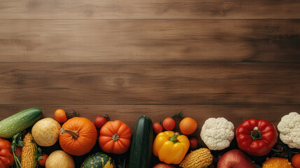 Wall Mural - Fresh vegetables and grains are beautifully arranged on wooden surface, showcasing vibrant assortment of colors and textures. This bounty includes pumpkins, tomatoes, and corn, evoking sense of abunda