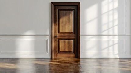 Wall Mural - An elegant brown wooden door set against pure white walls in a minimalist interior with hardwood flooring, highlighted by soft ambient lighting and architectural details.