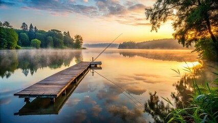 Serene freshwater lake scene at dawn with misty atmosphere, calm water reflecting surrounding trees, and a lone fishing rod leaning against a weathered wooden dock.